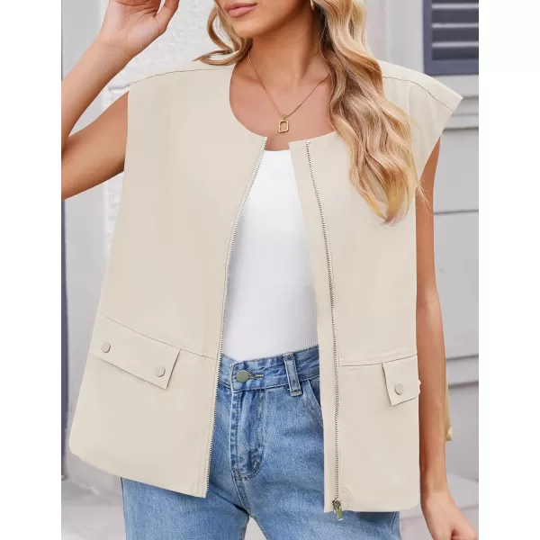 imageZESICA Womens 2024 Oversized Zip Up Cargo Vest Causal Street Ruched Hem Sleeveless Jackets TopsApricot