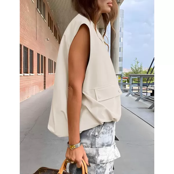 imageZESICA Womens 2024 Oversized Zip Up Cargo Vest Causal Street Ruched Hem Sleeveless Jackets TopsApricot