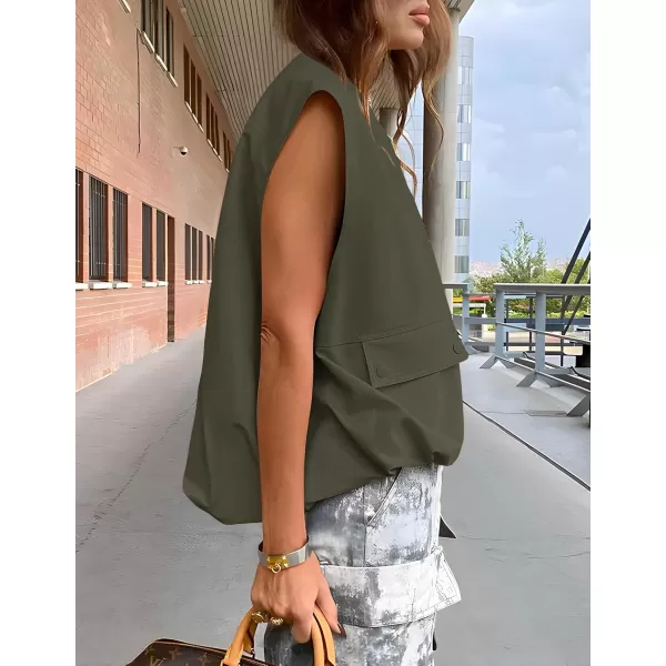 imageZESICA Womens 2024 Oversized Zip Up Cargo Vest Causal Street Ruched Hem Sleeveless Jackets TopsArmygreen