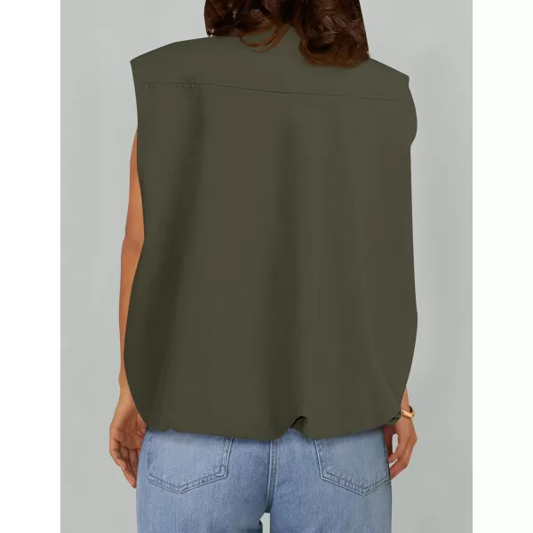 imageZESICA Womens 2024 Oversized Zip Up Cargo Vest Causal Street Ruched Hem Sleeveless Jackets TopsArmygreen
