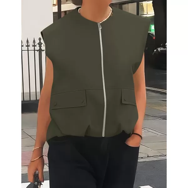 imageZESICA Womens 2024 Oversized Zip Up Cargo Vest Causal Street Ruched Hem Sleeveless Jackets TopsArmygreen