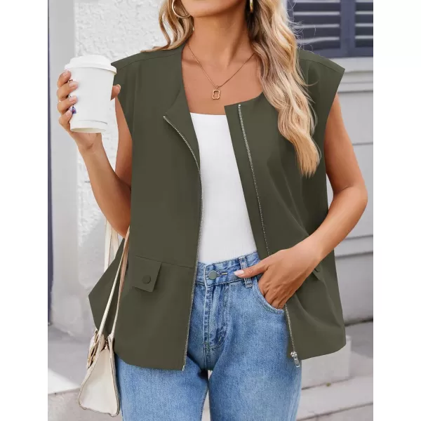 imageZESICA Womens 2024 Oversized Zip Up Cargo Vest Causal Street Ruched Hem Sleeveless Jackets TopsArmygreen