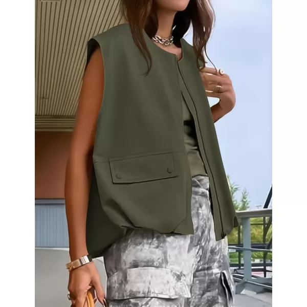 imageZESICA Womens 2024 Oversized Zip Up Cargo Vest Causal Street Ruched Hem Sleeveless Jackets TopsArmygreen