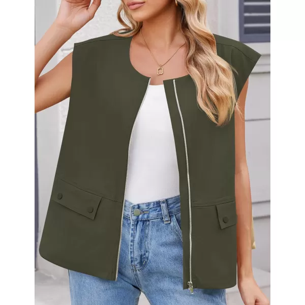 imageZESICA Womens 2024 Oversized Zip Up Cargo Vest Causal Street Ruched Hem Sleeveless Jackets TopsArmygreen