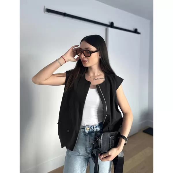 imageZESICA Womens 2024 Oversized Zip Up Cargo Vest Causal Street Ruched Hem Sleeveless Jackets TopsBlack