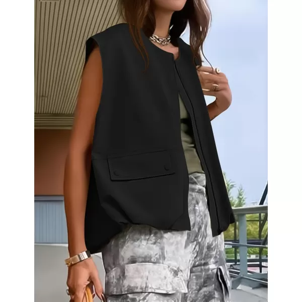 imageZESICA Womens 2024 Oversized Zip Up Cargo Vest Causal Street Ruched Hem Sleeveless Jackets TopsBlack