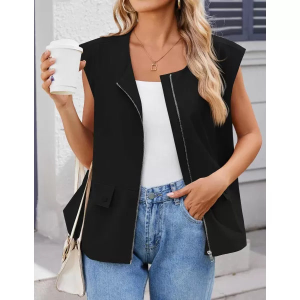imageZESICA Womens 2024 Oversized Zip Up Cargo Vest Causal Street Ruched Hem Sleeveless Jackets TopsBlack