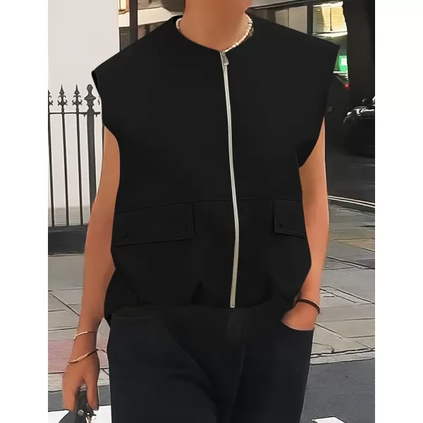 imageZESICA Womens 2024 Oversized Zip Up Cargo Vest Causal Street Ruched Hem Sleeveless Jackets TopsBlack
