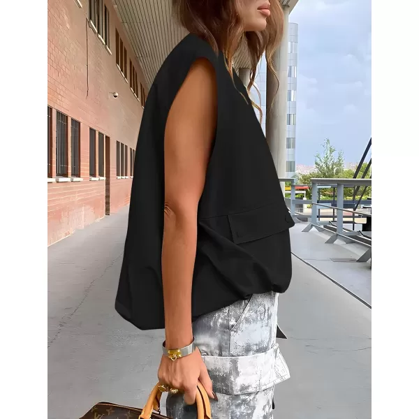 imageZESICA Womens 2024 Oversized Zip Up Cargo Vest Causal Street Ruched Hem Sleeveless Jackets TopsBlack