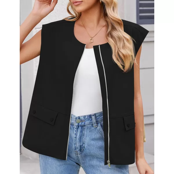 imageZESICA Womens 2024 Oversized Zip Up Cargo Vest Causal Street Ruched Hem Sleeveless Jackets TopsBlack