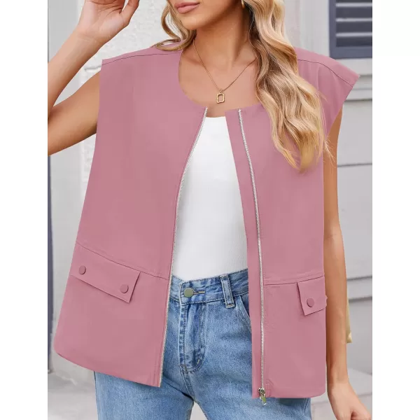 imageZESICA Womens 2024 Oversized Zip Up Cargo Vest Causal Street Ruched Hem Sleeveless Jackets TopsDustypink