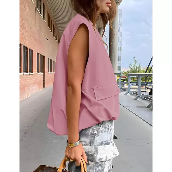 imageZESICA Womens 2024 Oversized Zip Up Cargo Vest Causal Street Ruched Hem Sleeveless Jackets TopsDustypink
