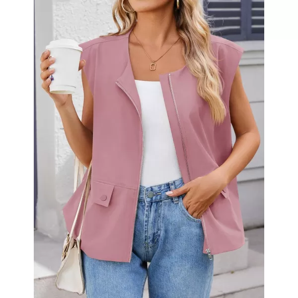 imageZESICA Womens 2024 Oversized Zip Up Cargo Vest Causal Street Ruched Hem Sleeveless Jackets TopsDustypink