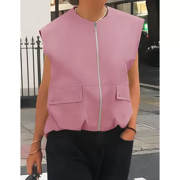imageZESICA Womens 2024 Oversized Zip Up Cargo Vest Causal Street Ruched Hem Sleeveless Jackets TopsDustypink
