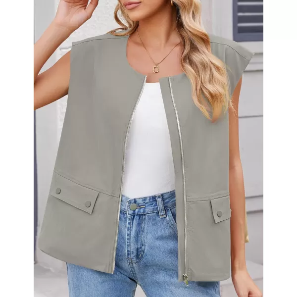 imageZESICA Womens 2024 Oversized Zip Up Cargo Vest Causal Street Ruched Hem Sleeveless Jackets TopsGrey