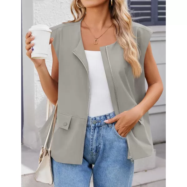 imageZESICA Womens 2024 Oversized Zip Up Cargo Vest Causal Street Ruched Hem Sleeveless Jackets TopsGrey
