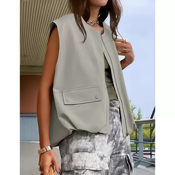 imageZESICA Womens 2024 Oversized Zip Up Cargo Vest Causal Street Ruched Hem Sleeveless Jackets TopsGrey