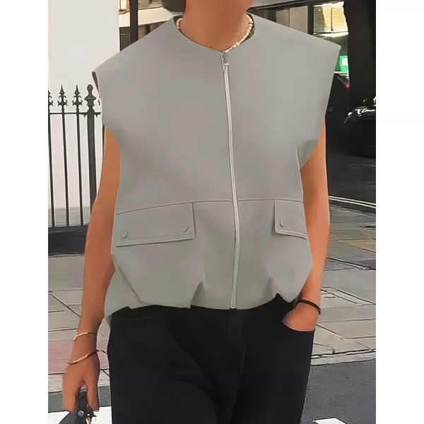 imageZESICA Womens 2024 Oversized Zip Up Cargo Vest Causal Street Ruched Hem Sleeveless Jackets TopsGrey