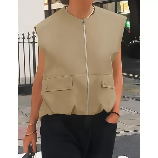 imageZESICA Womens 2024 Oversized Zip Up Cargo Vest Causal Street Ruched Hem Sleeveless Jackets TopsKhaki