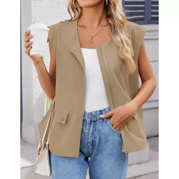 imageZESICA Womens 2024 Oversized Zip Up Cargo Vest Causal Street Ruched Hem Sleeveless Jackets TopsKhaki