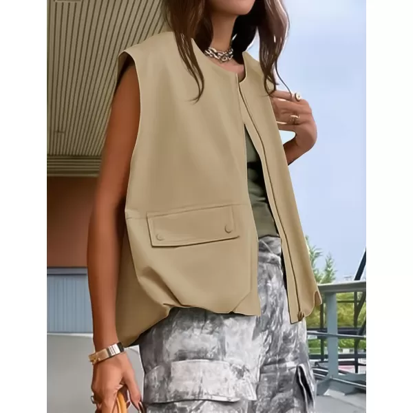 imageZESICA Womens 2024 Oversized Zip Up Cargo Vest Causal Street Ruched Hem Sleeveless Jackets TopsKhaki