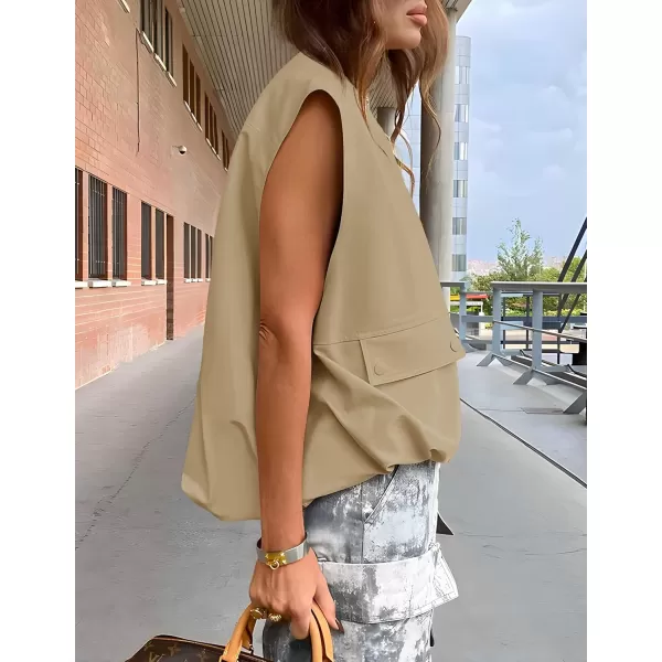 imageZESICA Womens 2024 Oversized Zip Up Cargo Vest Causal Street Ruched Hem Sleeveless Jackets TopsKhaki