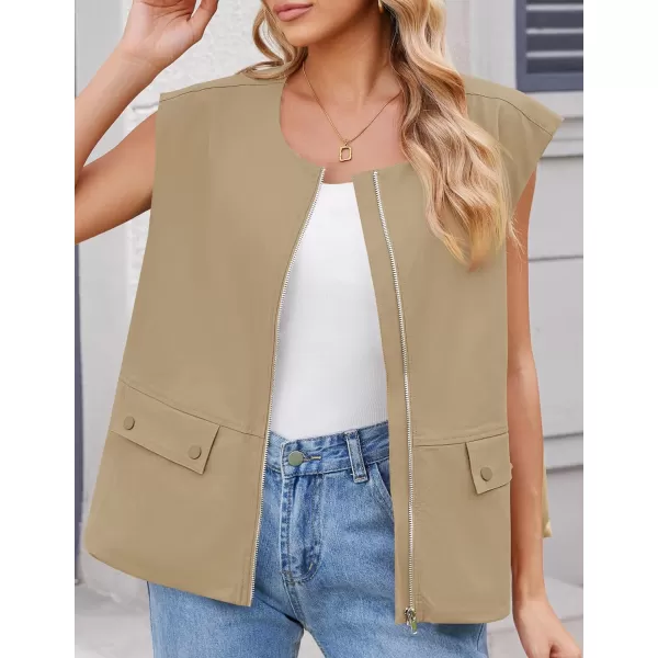 imageZESICA Womens 2024 Oversized Zip Up Cargo Vest Causal Street Ruched Hem Sleeveless Jackets TopsKhaki