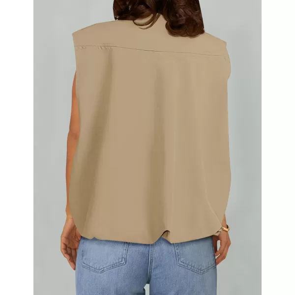 imageZESICA Womens 2024 Oversized Zip Up Cargo Vest Causal Street Ruched Hem Sleeveless Jackets TopsKhaki