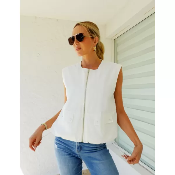 imageZESICA Womens 2024 Oversized Zip Up Cargo Vest Causal Street Ruched Hem Sleeveless Jackets TopsWhite