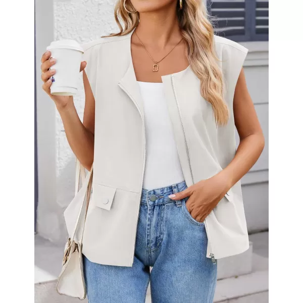 imageZESICA Womens 2024 Oversized Zip Up Cargo Vest Causal Street Ruched Hem Sleeveless Jackets TopsWhite