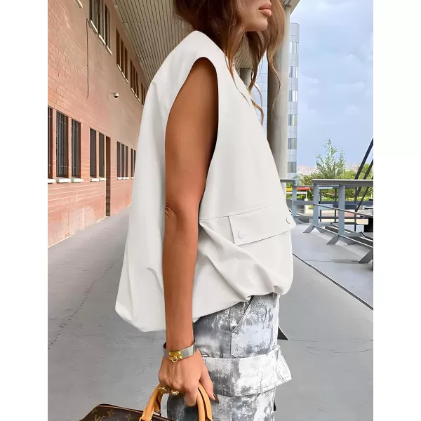 imageZESICA Womens 2024 Oversized Zip Up Cargo Vest Causal Street Ruched Hem Sleeveless Jackets TopsWhite
