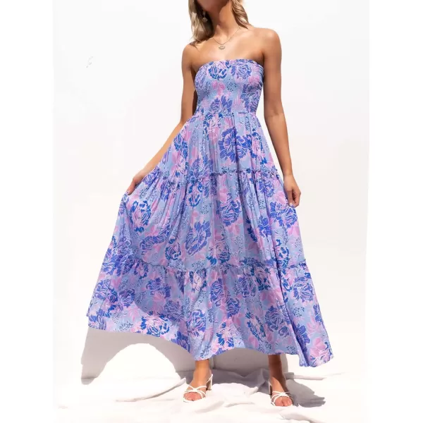 imageZESICA Womens 2024 Summer Bohemian Floral Printed Strapless Beach Party Long Maxi DressBluishviolet