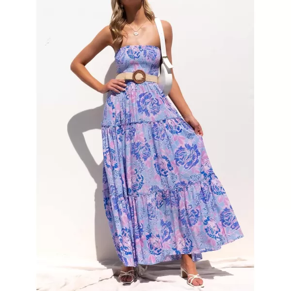 imageZESICA Womens 2024 Summer Bohemian Floral Printed Strapless Beach Party Long Maxi DressBluishviolet