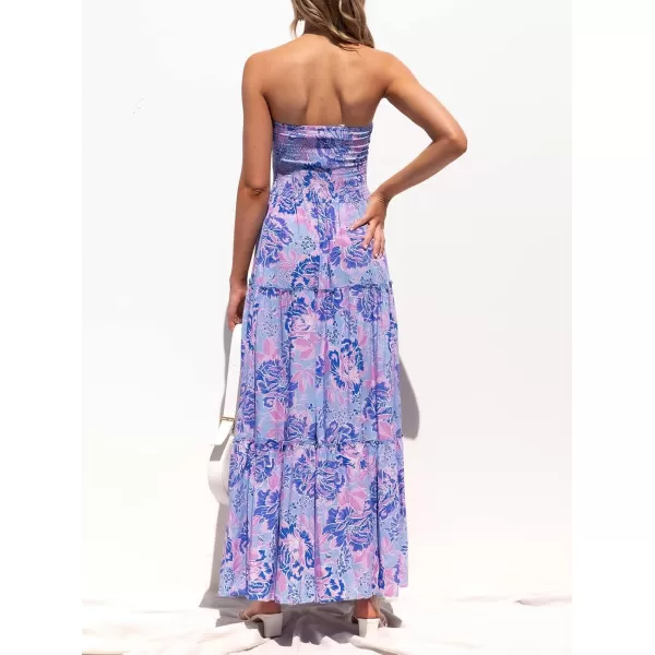 imageZESICA Womens 2024 Summer Bohemian Floral Printed Strapless Beach Party Long Maxi DressBluishviolet