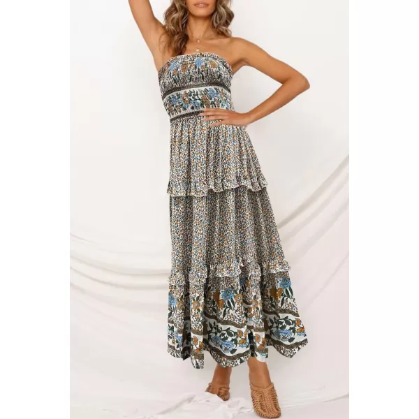 imageZESICA Womens 2024 Summer Bohemian Floral Printed Strapless Beach Party Long Maxi DressCream