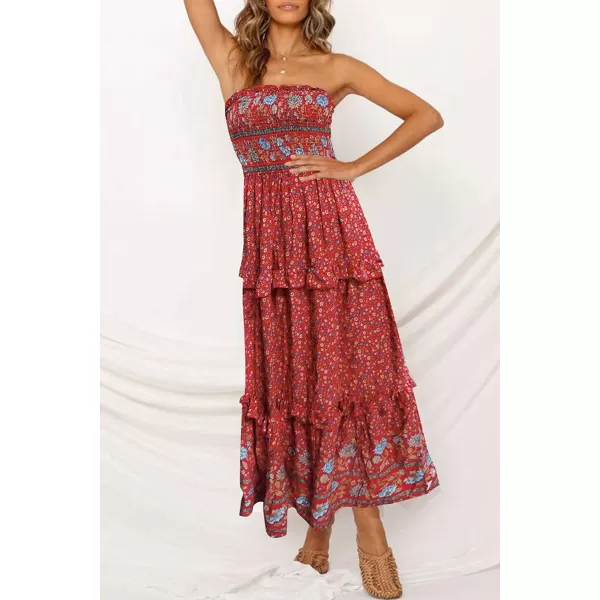 imageZESICA Womens 2024 Summer Bohemian Floral Printed Strapless Beach Party Long Maxi DressRed