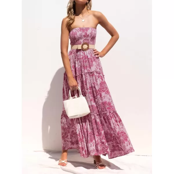 imageZESICA Womens 2024 Summer Bohemian Floral Printed Strapless Beach Party Long Maxi DressRosepink
