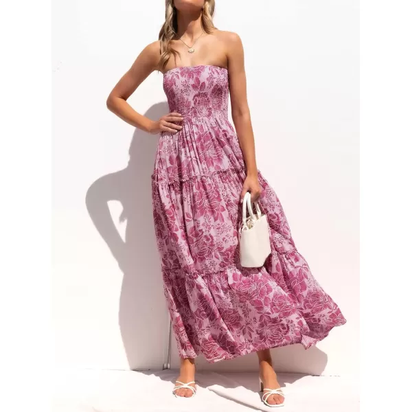 imageZESICA Womens 2024 Summer Bohemian Floral Printed Strapless Beach Party Long Maxi DressRosepink