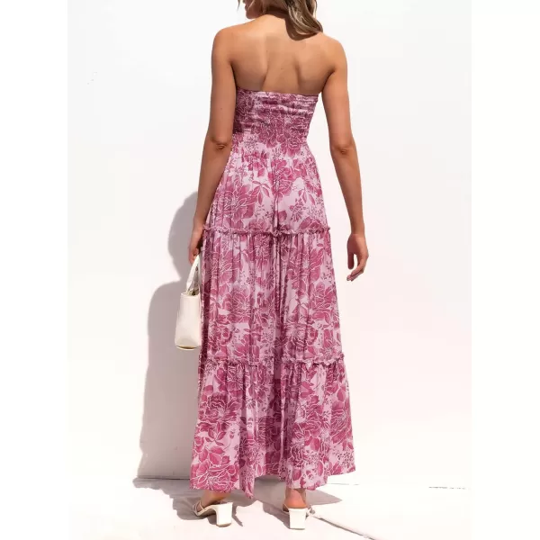 imageZESICA Womens 2024 Summer Bohemian Floral Printed Strapless Beach Party Long Maxi DressRosepink