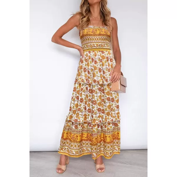 imageZESICA Womens 2024 Summer Bohemian Floral Printed Strapless Beach Party Long Maxi DressYellow