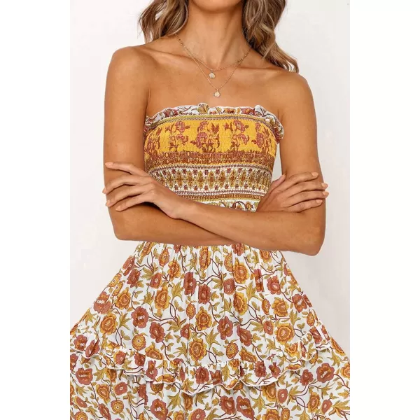 imageZESICA Womens 2024 Summer Bohemian Floral Printed Strapless Beach Party Long Maxi DressYellow