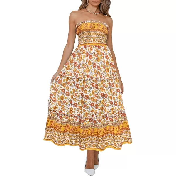 imageZESICA Womens 2024 Summer Bohemian Floral Printed Strapless Beach Party Long Maxi DressYellow