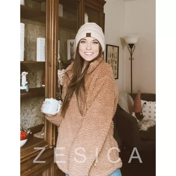 imageZESICA Womens Autumn Winter Long Sleeve Zipper Sherpa Fleece Sweatshirt Pullover Jacket CoatKhaki