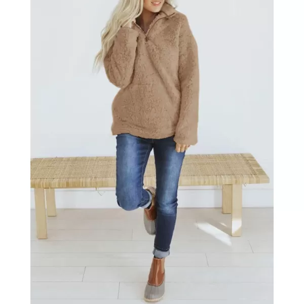 imageZESICA Womens Autumn Winter Long Sleeve Zipper Sherpa Fleece Sweatshirt Pullover Jacket CoatKhaki