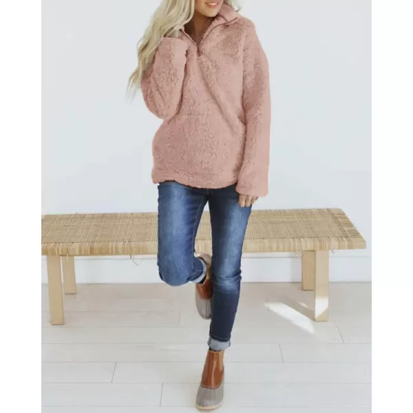 imageZESICA Womens Autumn Winter Long Sleeve Zipper Sherpa Fleece Sweatshirt Pullover Jacket CoatSolid Pink