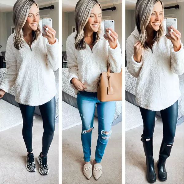 imageZESICA Womens Autumn Winter Long Sleeve Zipper Sherpa Fleece Sweatshirt Pullover Jacket CoatSolid White
