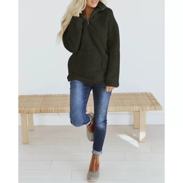 imageZESICA Womens Autumn Winter Long Sleeve Zipper Sherpa Fleece Sweatshirt Pullover Jacket CoatSolidarmygreen