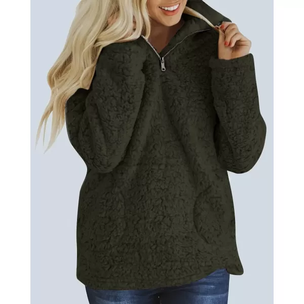 imageZESICA Womens Autumn Winter Long Sleeve Zipper Sherpa Fleece Sweatshirt Pullover Jacket CoatSolidarmygreen