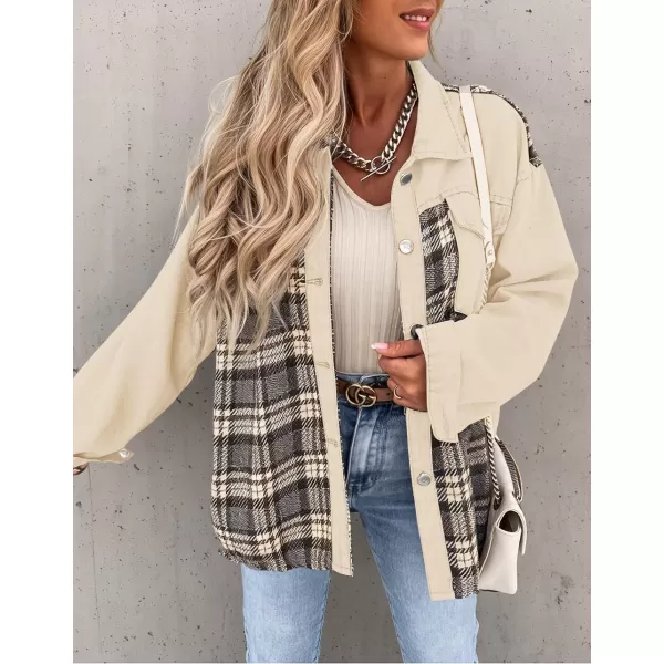 imageZESICA Womens Denim Jacket 2024 Fall Long Sleeve Plaid Button Down Lapel Collar Shacket with PocketApricot
