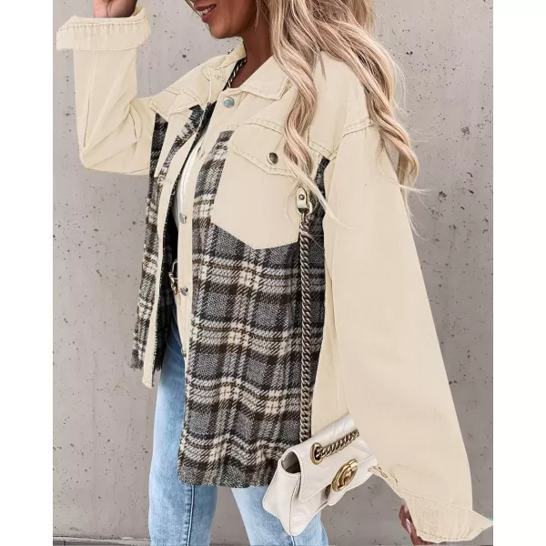 imageZESICA Womens Denim Jacket 2024 Fall Long Sleeve Plaid Button Down Lapel Collar Shacket with PocketApricot